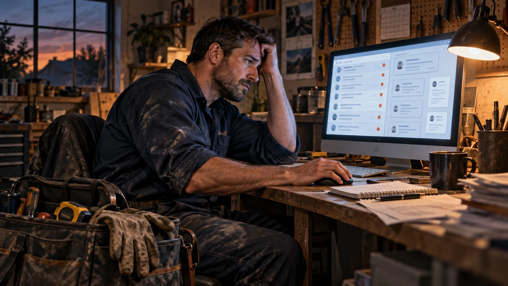 A tired trade professional sits at a workshop desk, reviewing customer messages on a computer beside tools and paperwork.