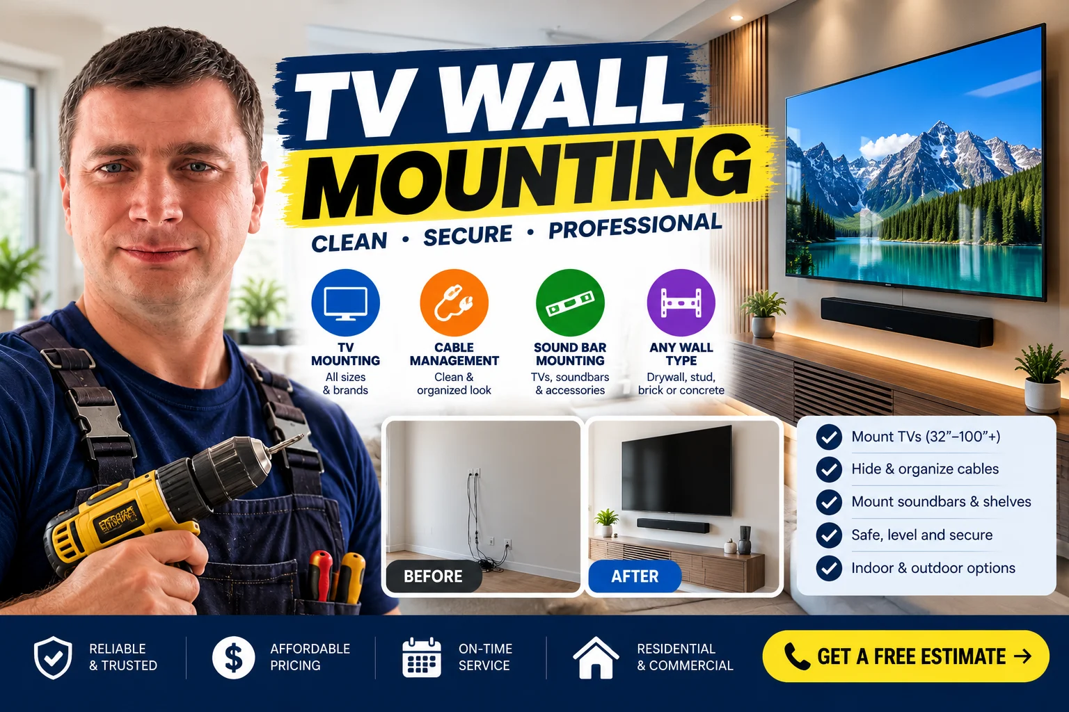 Work photo for TV Wall Mounting & Cable Connection Services $100